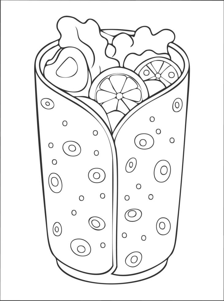Burrito Food Eatery Meal Coloring Kid Book in Black and White. Monochrome and Colored Samples vector