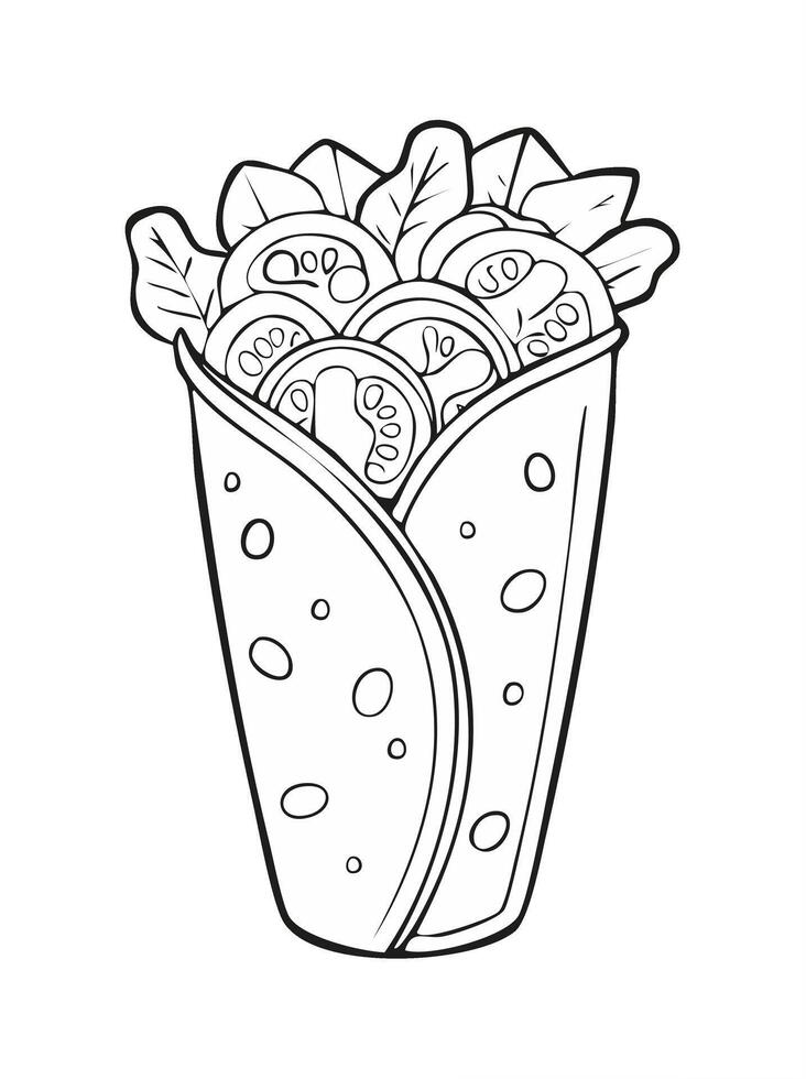Burrito Food Eatery Meal Coloring Kid Book Page in Black and White. and Colored Samples vector