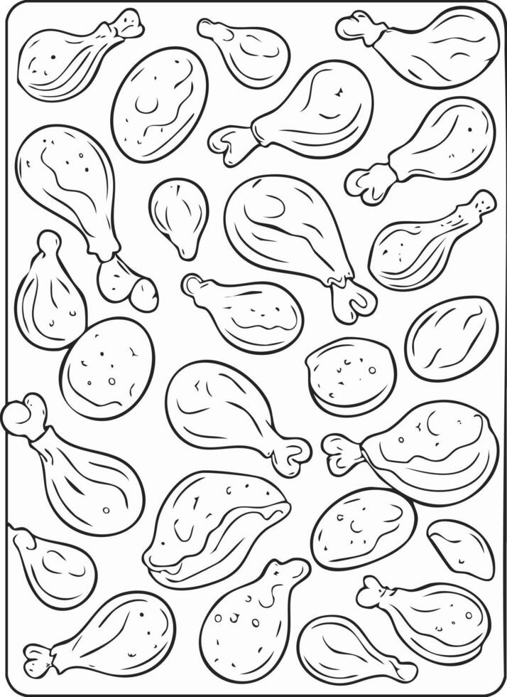 Fried Chicken Eatery Meal Coloring Kid Book Page in Black and White. Monochrome and Colored vector