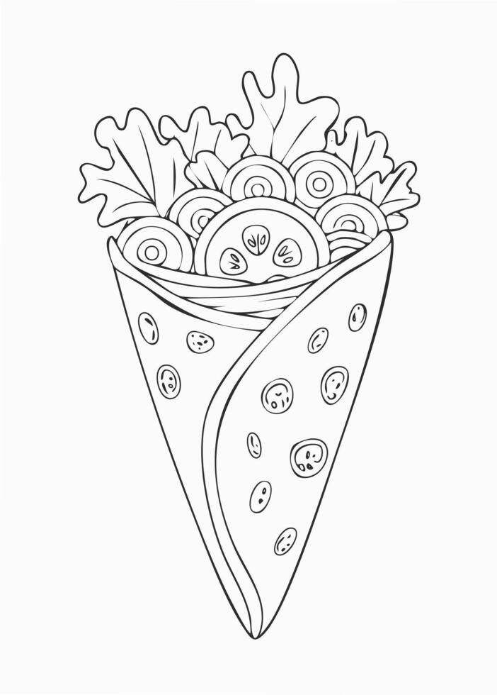 Kebab Eatery Meal Coloring Kid Book Page in Black and White. Monochrome Colored Samples vector