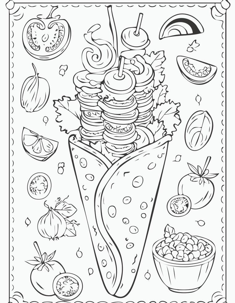 Kebab Eatery Meal Coloring Kid Book Page in Black and White. Monochrome and Samples vector