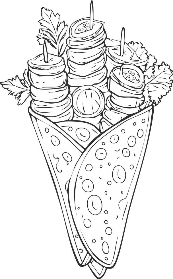 Kebab Eatery Meal Coloring Kid Book in Black and White. Monochrome and Colored Samples vector