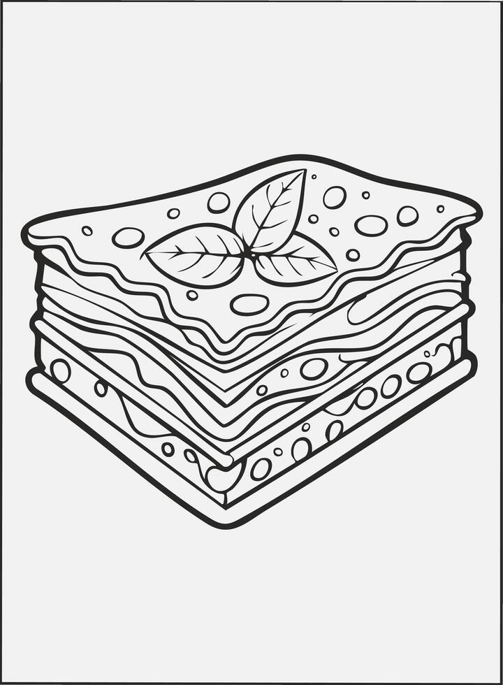 Lasagna Eatery Meal Coloring Kid Book Page in Black and White. Monochrome and Samples vector