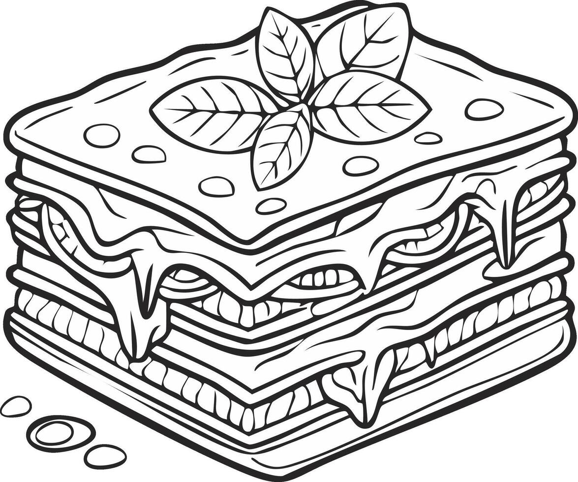 Lasagna Eatery Meal Coloring Kid Book Page in Black and White. Monochrome and Colored vector