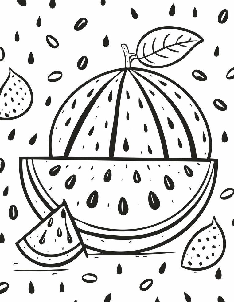 Watermelon Fruit Food Meal Healthy Coloring Kid Book Page in Black and White. and Colored Samples vector