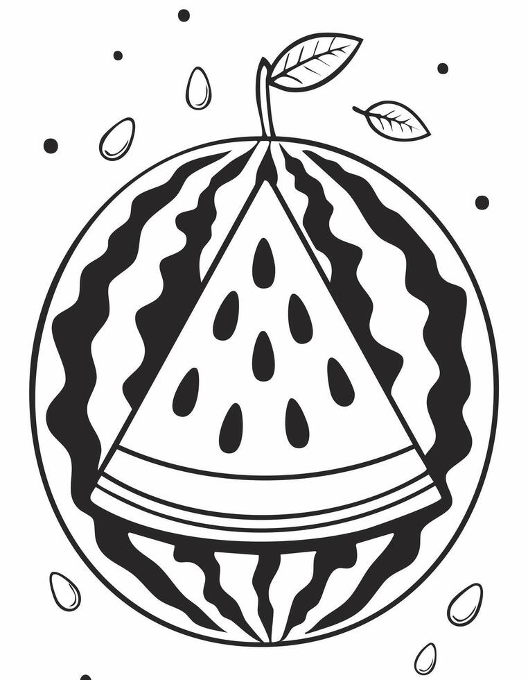 Watermelon Fruit Food Meal Healthy Coloring Kid Book Page in Black and White. Monochrome and Colored vector