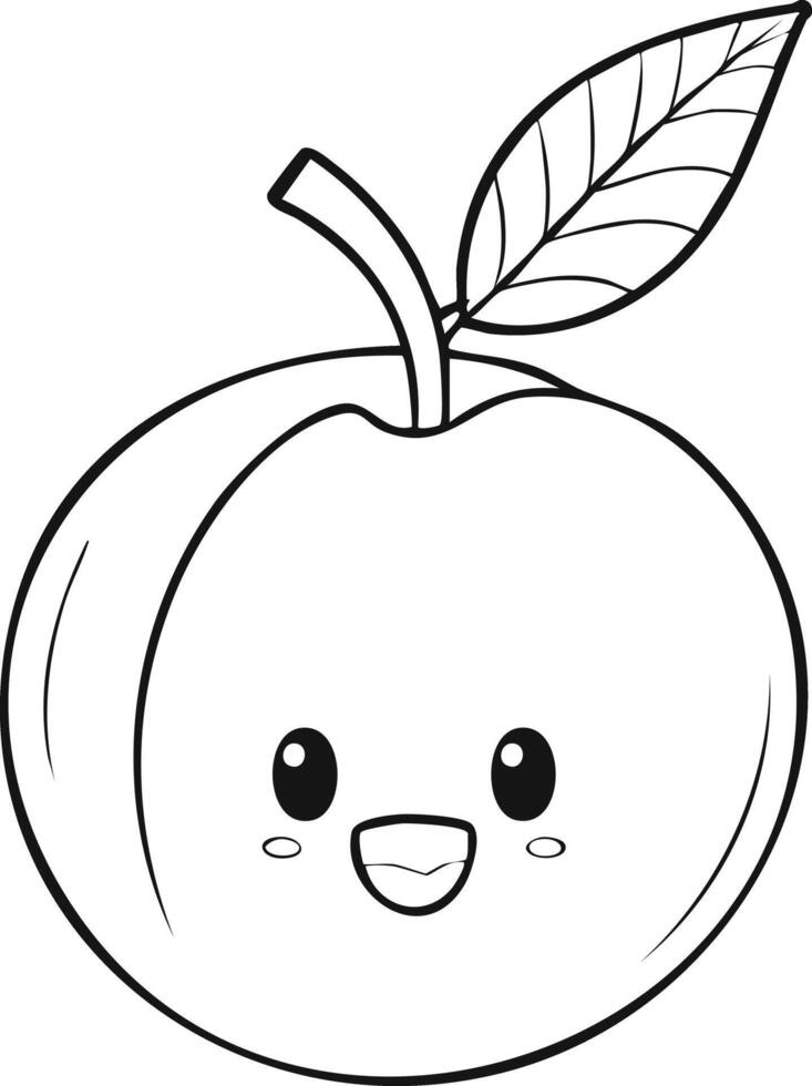 Peach Fruit Food Meal Healthy Coloring Kid Book Page in Black and White. Monochrome vector