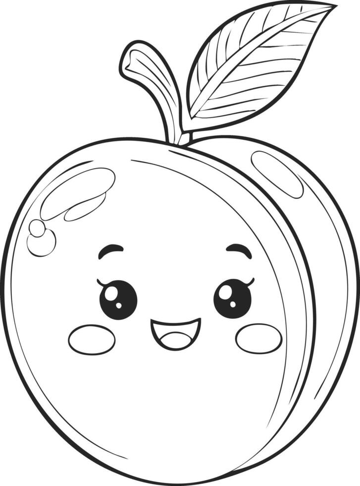 Peach Fruit Food Meal Healthy Coloring Kid Page in Black and White. Monochrome and Colored Samples vector