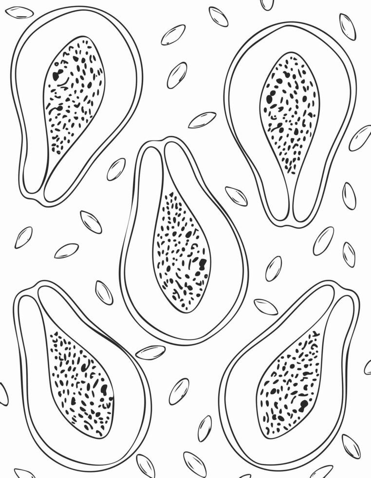 Papaya Fruit Food Meal Healthy Coloring Kid Book Page in Black White. Monochrome and Colored Samples vector