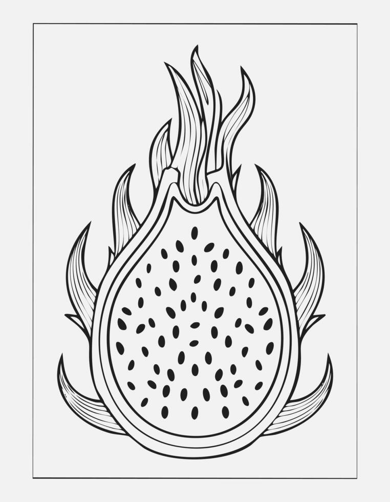 Dragon Fruit Food Meal Healthy Coloring Kid Book in Black and White. Monochrome and Colored Samples vector