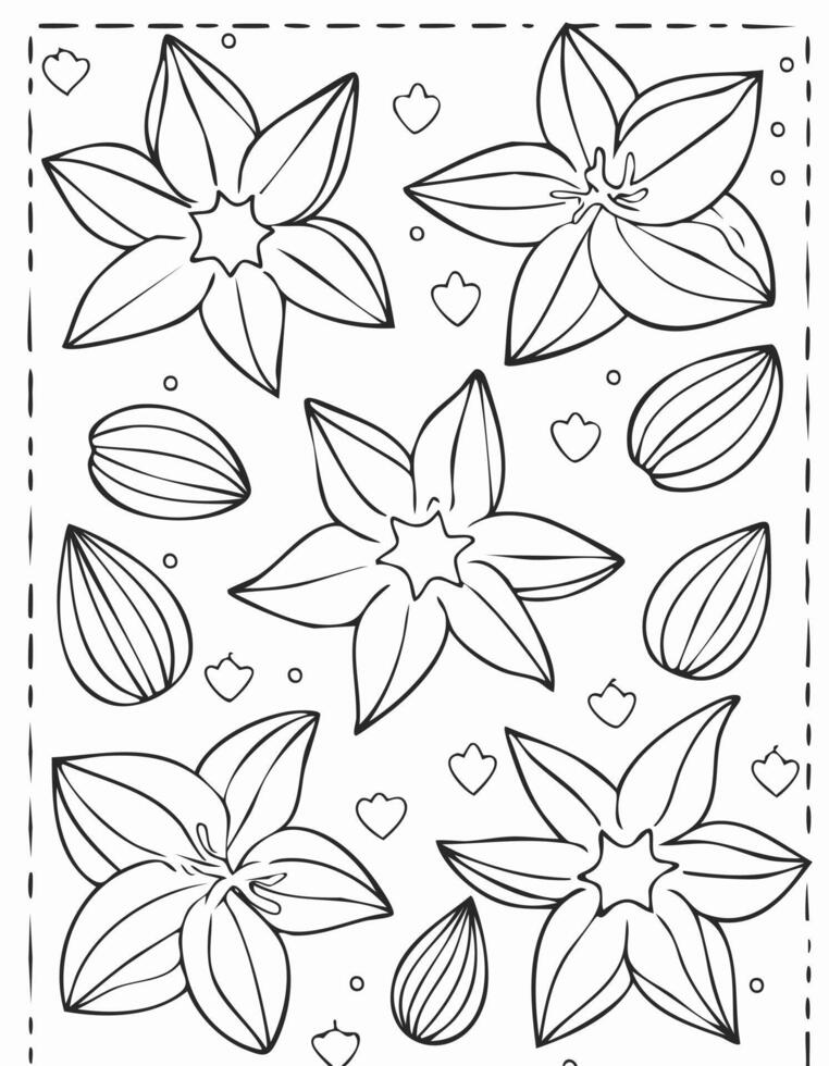 Carambola Star Fruit Food Meal Healthy Coloring Kid Book Page in Black and White. Monochrome and Colored vector