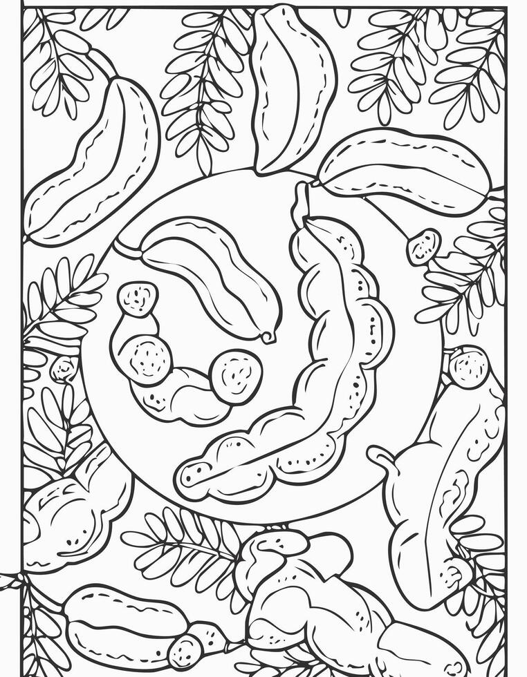 Tamarind Fruit Food Meal Healthy Coloring Kid Book Page in Black and White. Monochrome and Colored Samples vector