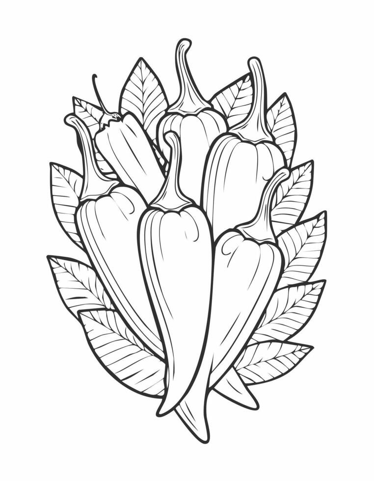 Chili Chilli Vegetable Vegan Food Meal Healthy Coloring Kid Book Page in Black and White. Monochrome and Colored vector