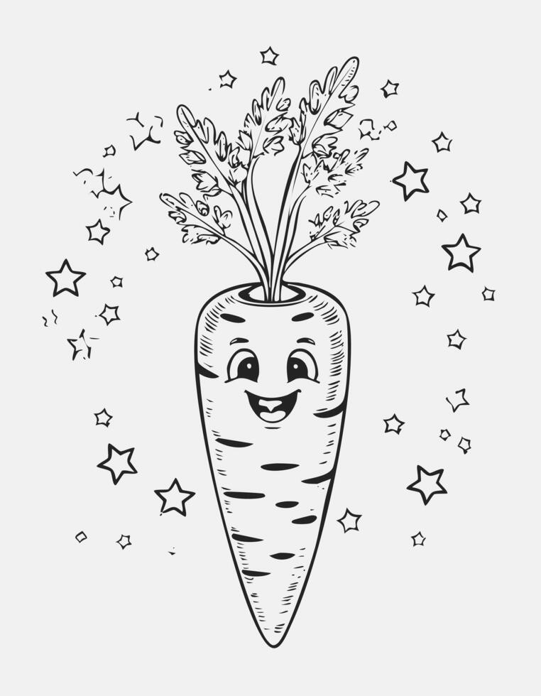 Carrot Vegetable Vegan Food Meal Healthy Coloring Kid Book Page Black and White. Monochrome and Colored Samples vector