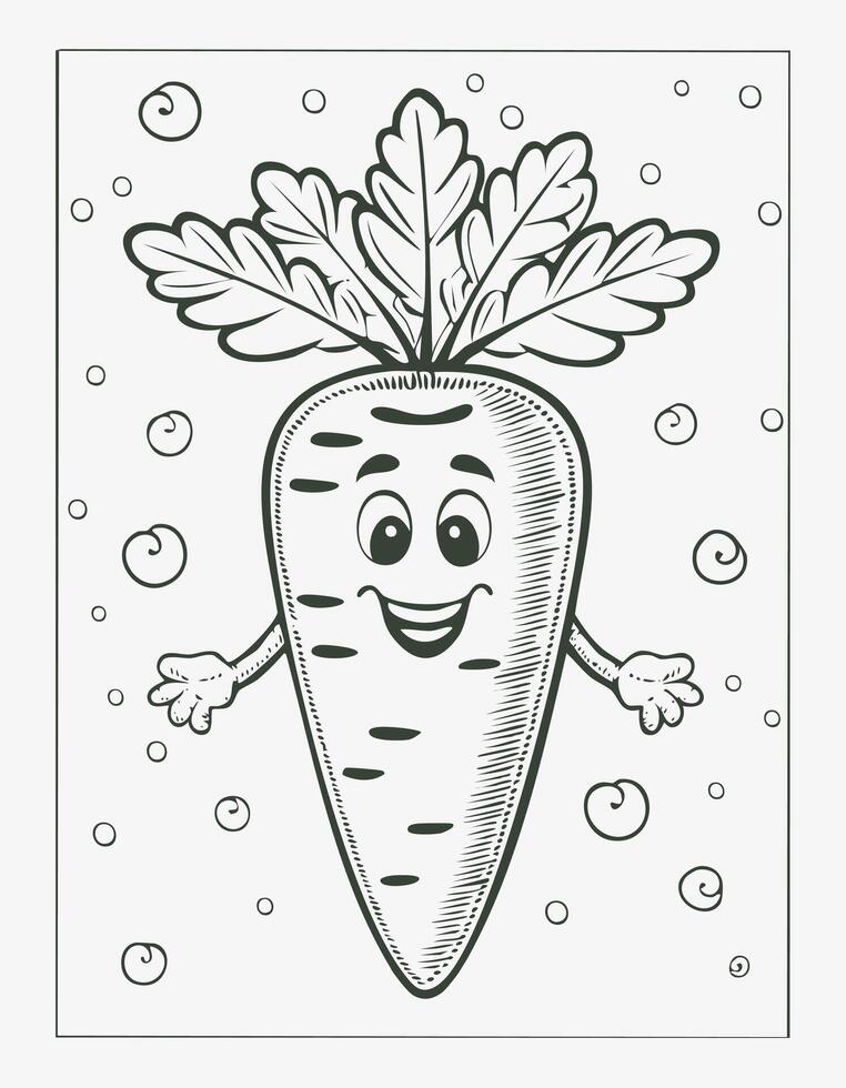 Carrot Vegetable Vegan Food Meal Healthy Coloring Kid Book Page in Black and White. and Colored Samples vector