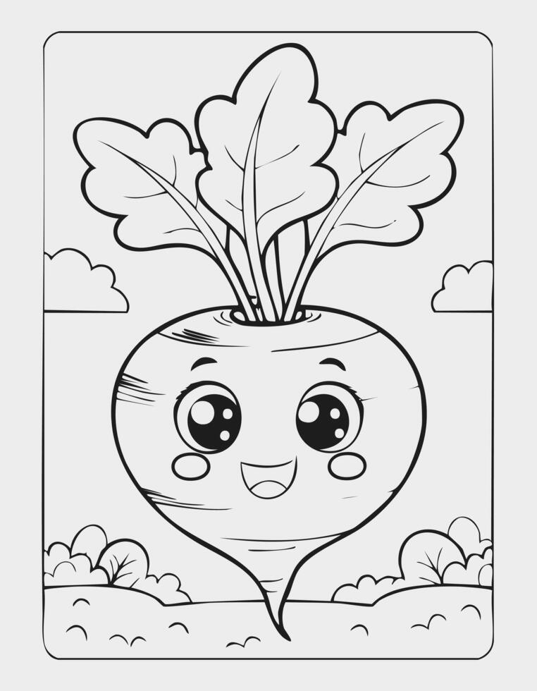 Turnip Vegetable Vegan Food Meal Healthy Coloring Kid Book Page in Black and White. Monochrome and Colored Samples vector