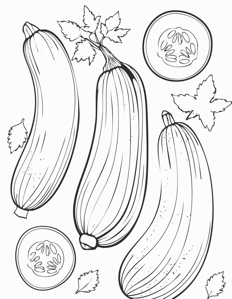 Zucchini Vegetable Vegan Food Meal Healthy Coloring Kid Book Page in Black and White. and Colored Samples vector