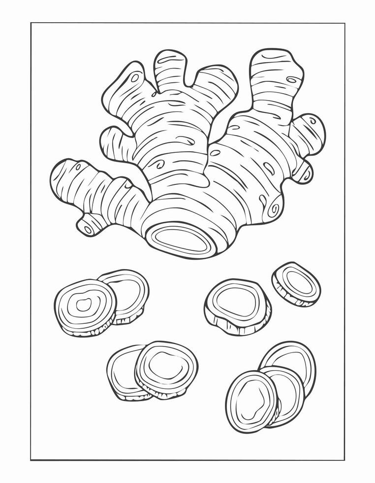 Ginger Vegetable Spice Vegan Food Meal Healthy Coloring Kid Book Page in Black White. Monochrome and Colored Samples vector