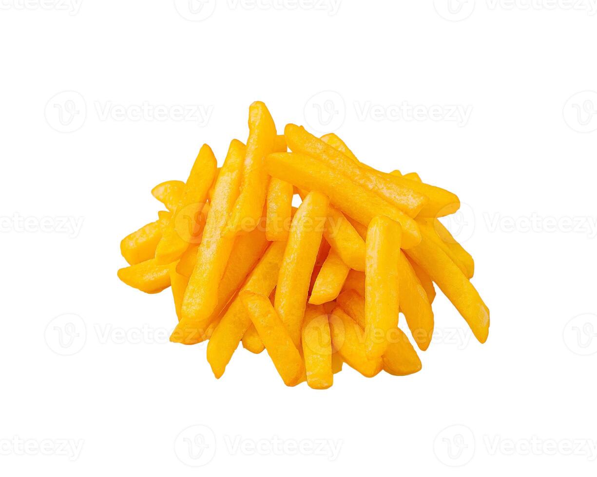Delicious golden fries piled high on a white background ready to be enjoyed at lunchtime or as a late-night snack photo