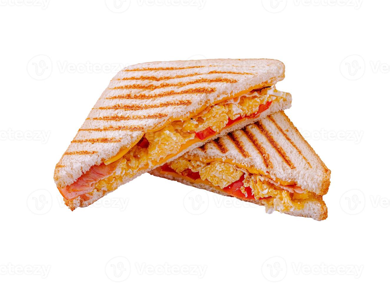 Delicious grilled sandwich with layers of cheese, ham, and tomato served on a crisp afternoon photo