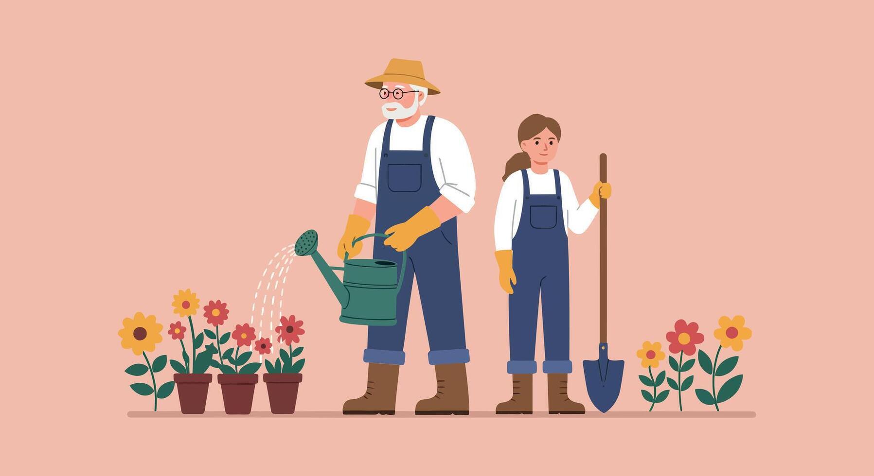 Gardener and child tending to flowers in a flat, colorful style illustration vector