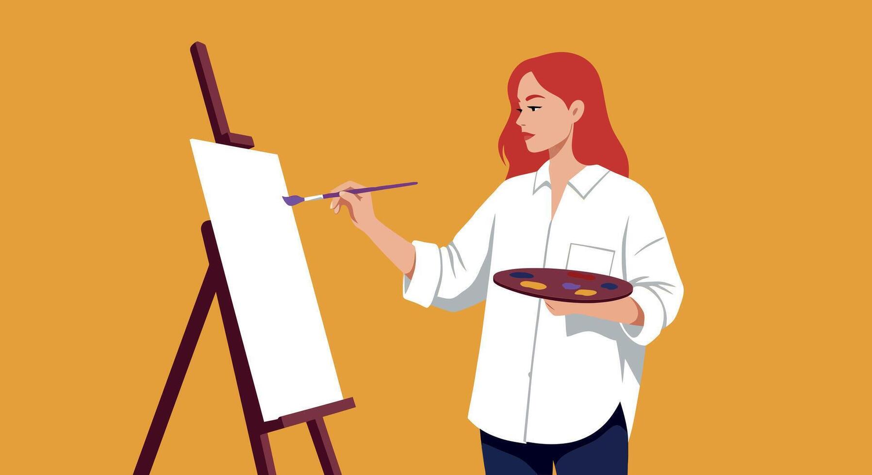 Artist with paintbrush creating art on canvas in flat style illustration vector