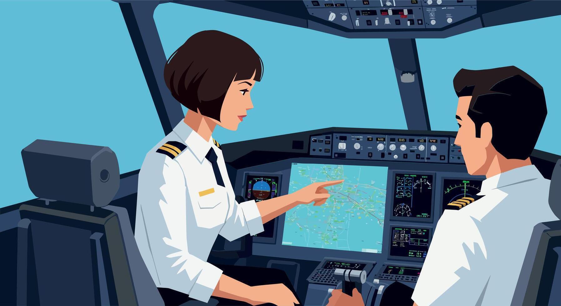 Two pilots in cockpit discussing navigation details in a flat illustration style showcasing teamwork and professionalism art vector