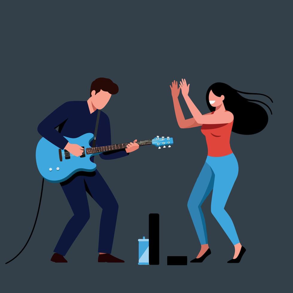Dynamic music performance scene featuring a guitarist and dancer in flat design art vector