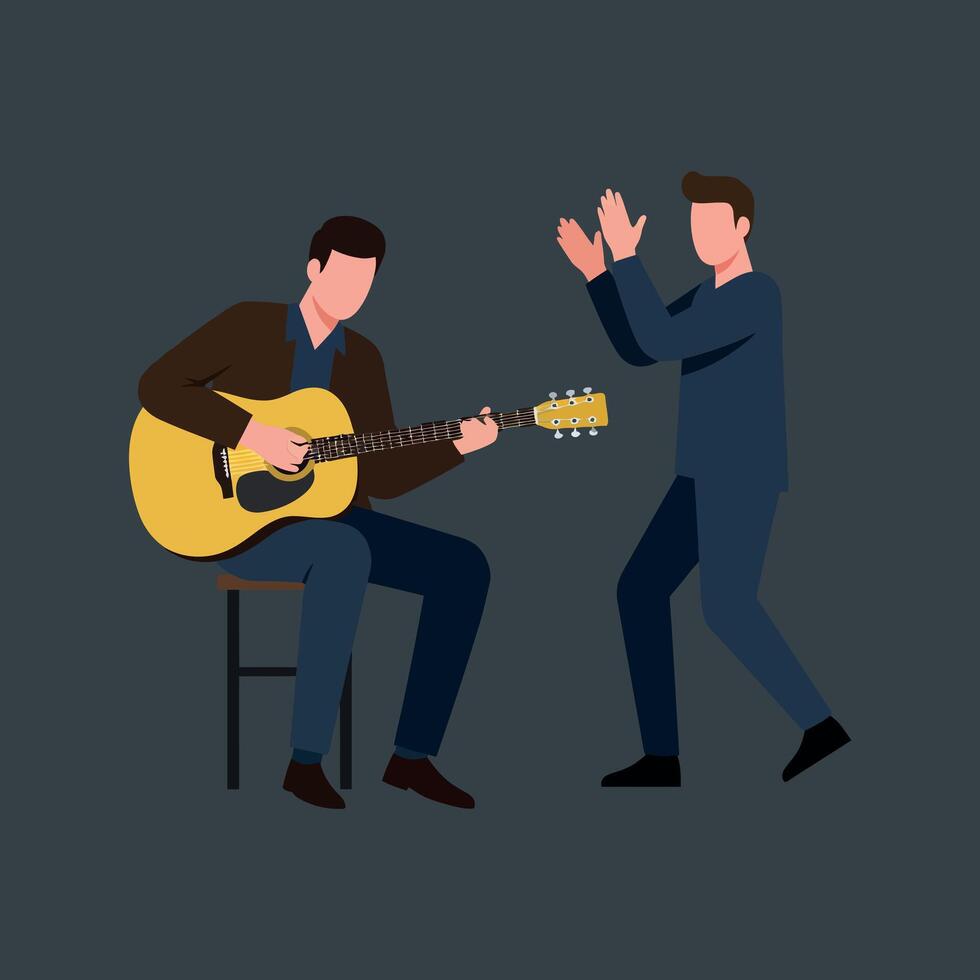Two musicians performing together with guitar and clapping in flat illustration style showcasing lively interaction art vector
