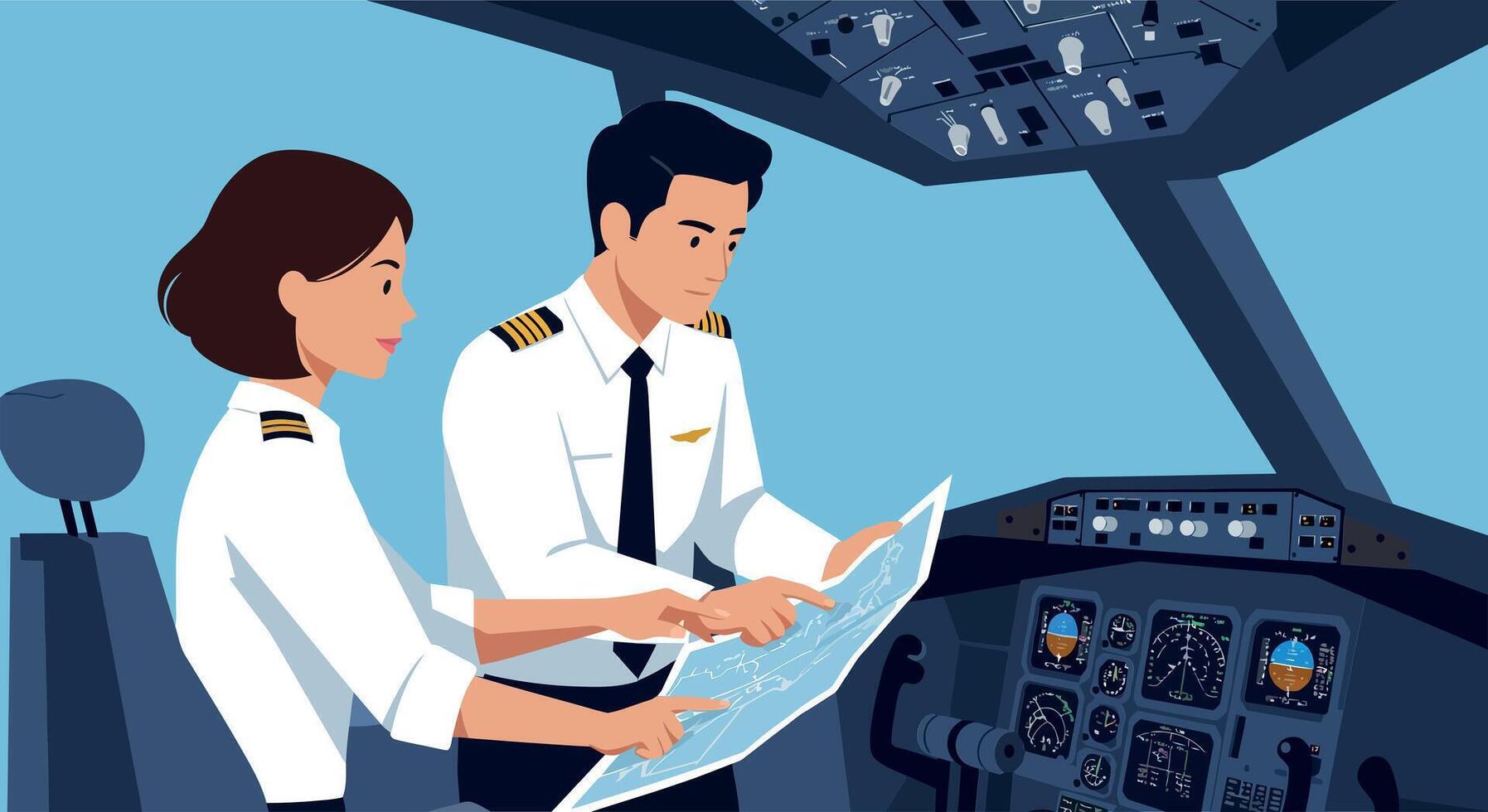 Pilots examining flight map in cockpit detailed flat art illustration showcasing teamwork and aviation professionalism vector