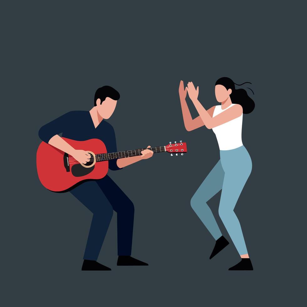 Engaging couple enjoying music together with guitar in flat minimal art vector