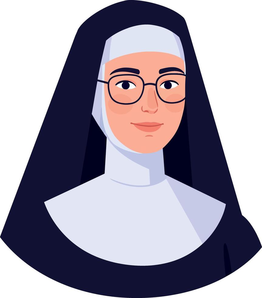 Nun character in detailed flat design with glasses and habit representing faith and devotion in illustration vector