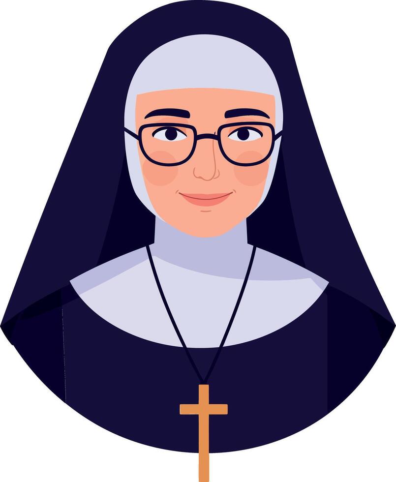 Sister in traditional attire with glasses, minimal style, showcasing a gentle smile, illustration vector