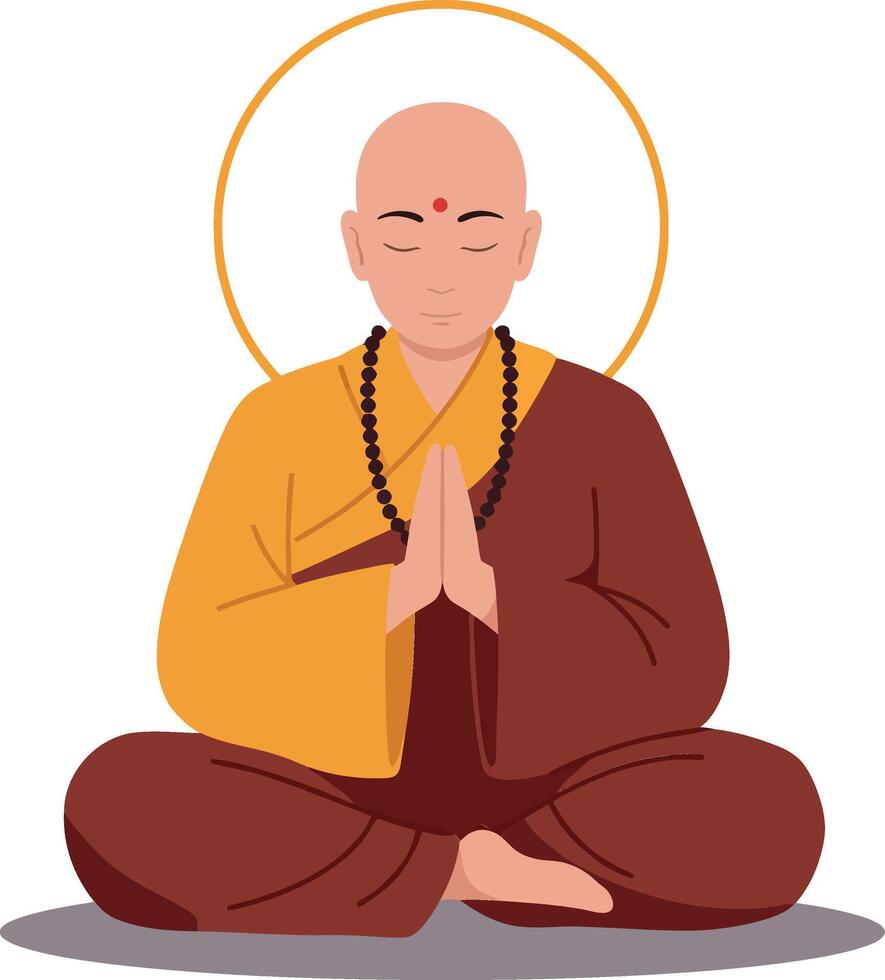 Meditating monk in a serene pose with flat design elements showcasing tranquility and peace in art vector