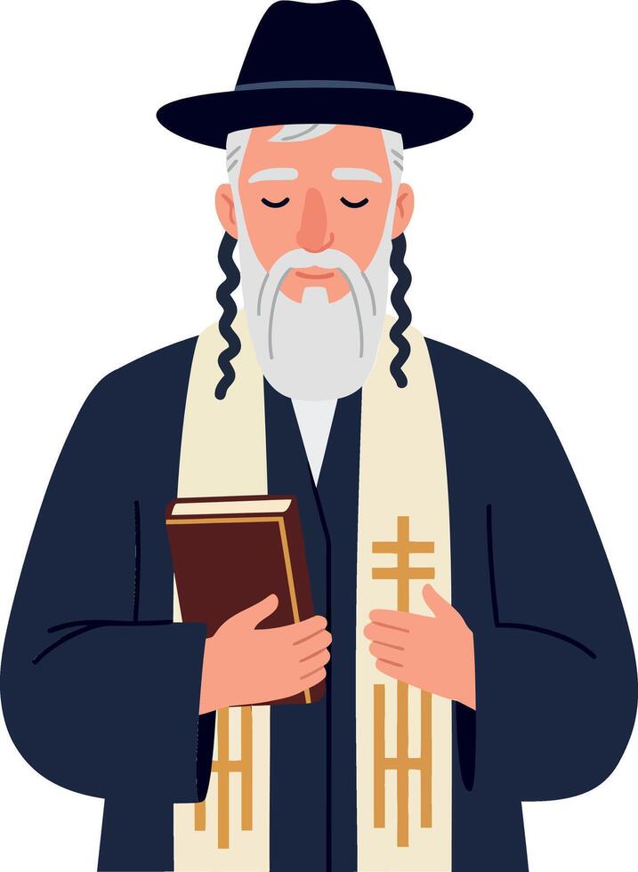 Elderly man with a beard wearing a black hat and shawl in flat art style holding a book illustration vector
