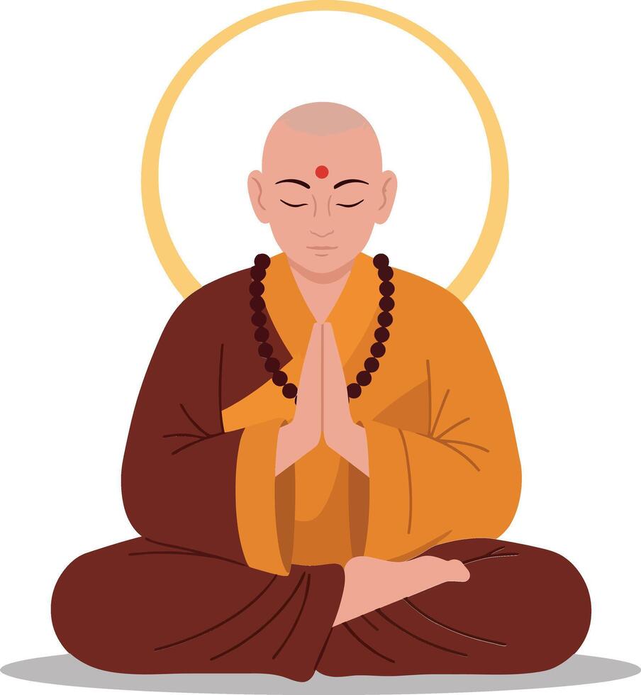 Meditating monk in vibrant robes with serene expression in flat art style showcasing calmness and spirituality illustration vector