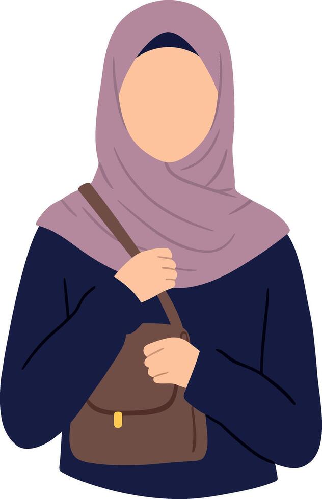 Woman wearing a hijab holding a handbag in flat minimal illustration style vector