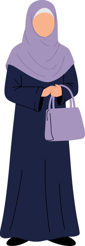 Woman wearing hijab in elegant attire with handbag in flat design art vector