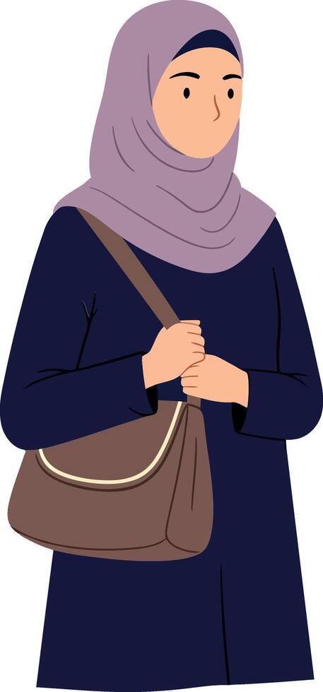 Woman wearing a hijab with a bag in a minimal flat design illustration vector