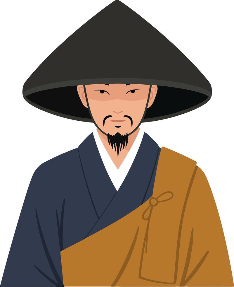 Traditional Asian man in hat with detailed facial features in flat style art vector