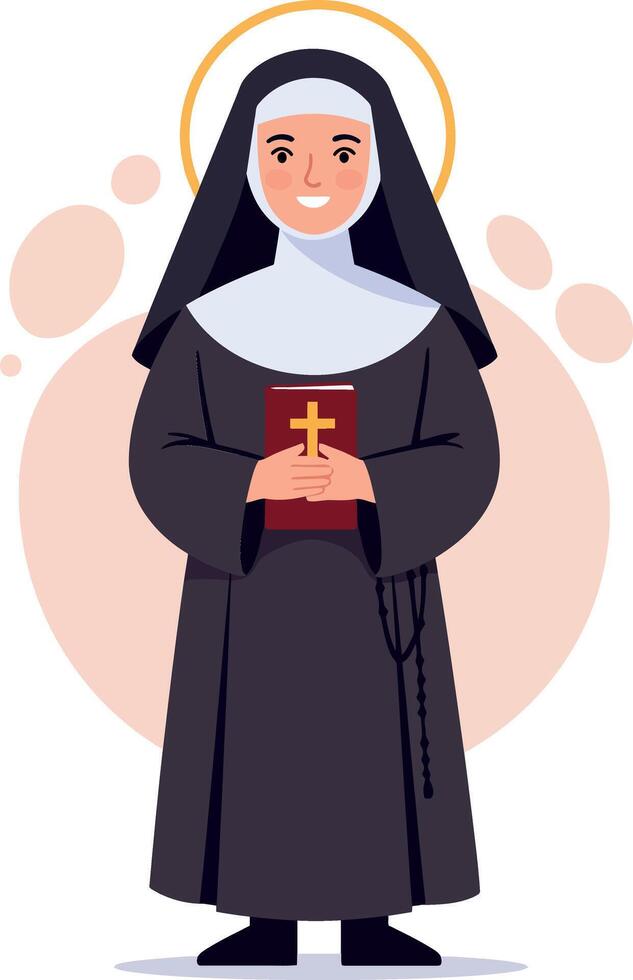 Nun holding a Bible in flat design style with a halo and soft background elements in art vector