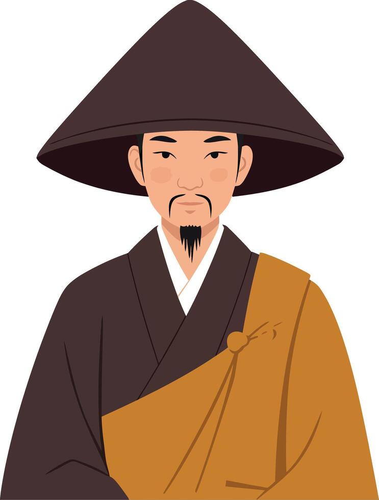 Detailed illustration of a serene monk wearing a traditional hat and robe in flat art style vector