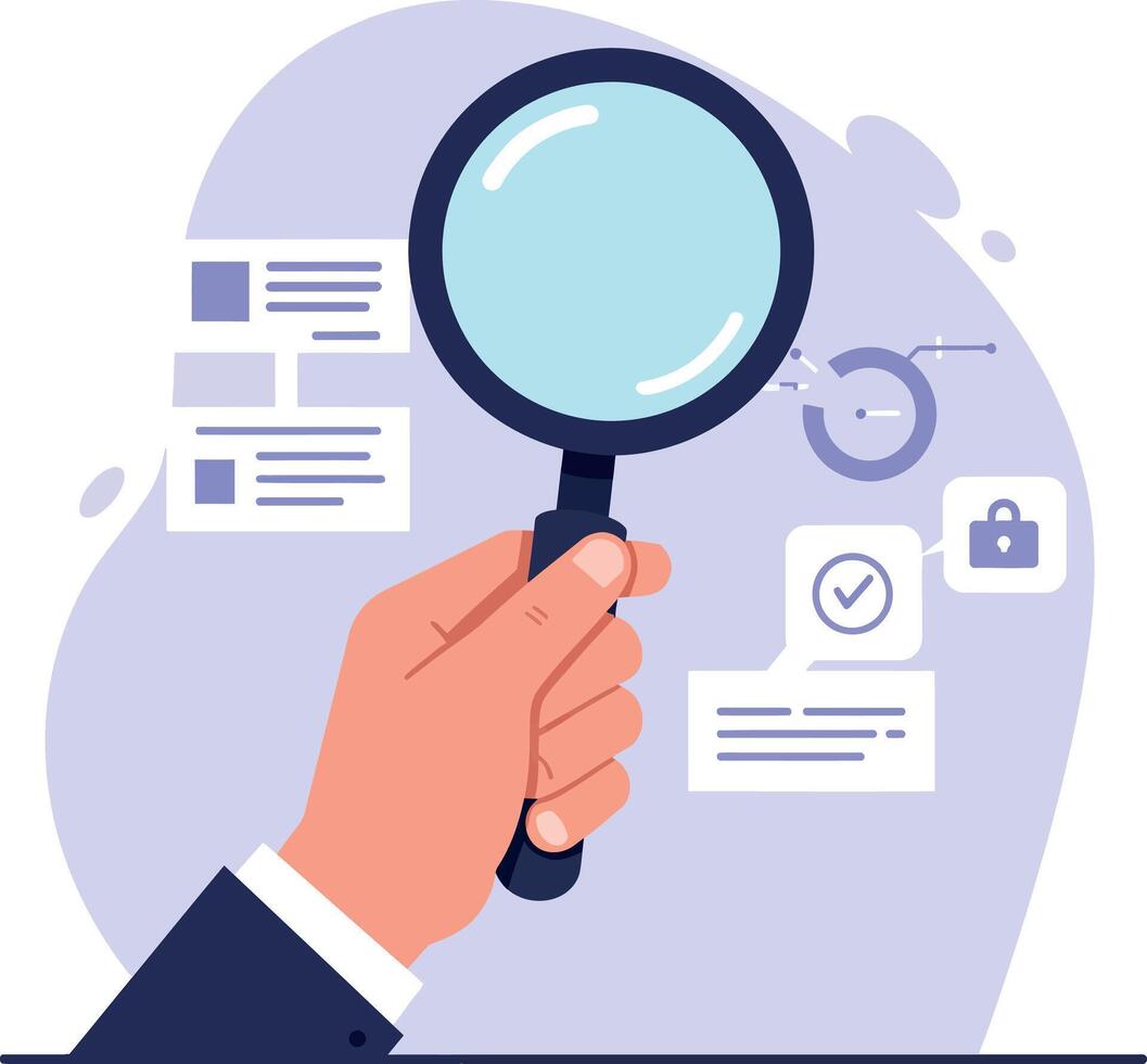 Hand holding a magnifying glass inspecting digital data in flat design art vector