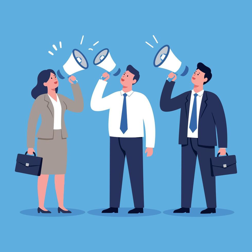 Engaging business professionals communicating with megaphones in a flat and colorful design art vector