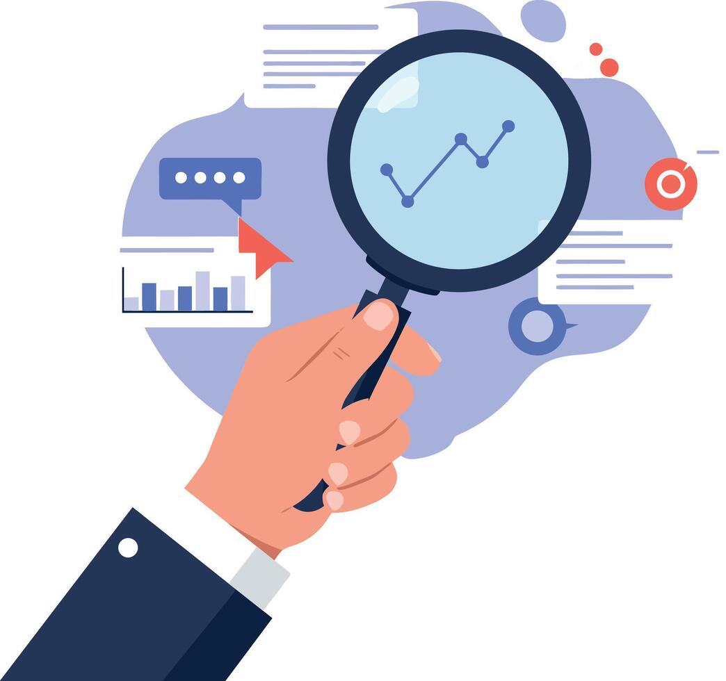 Hand holding magnifying glass analyzing data trends with flat design elements in vibrant colors illustration vector