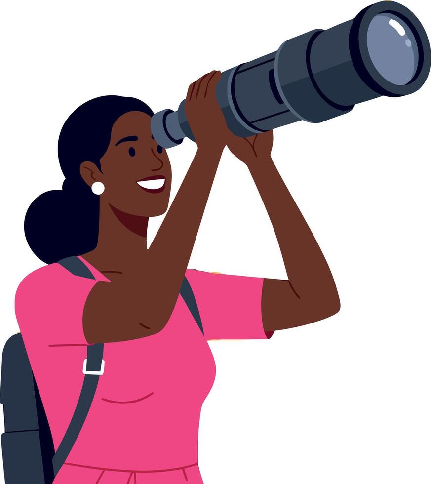 Woman observing through a telescope in a vibrant pink outfit with minimal details in flat art vector