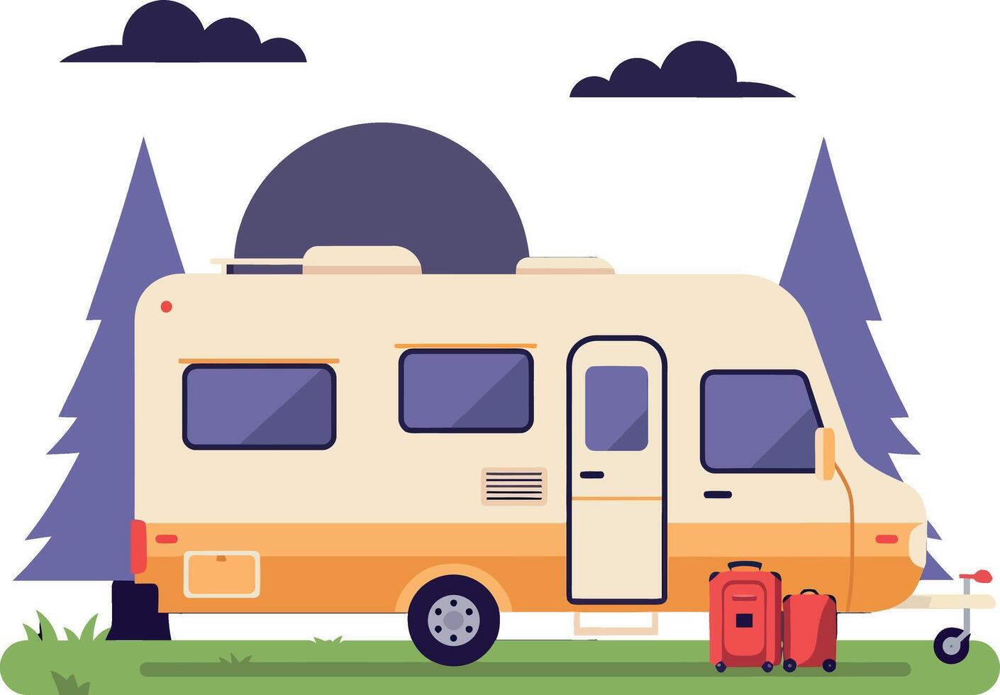 Camper van parked in nature surrounded by trees in a flat and colorful illustration vector