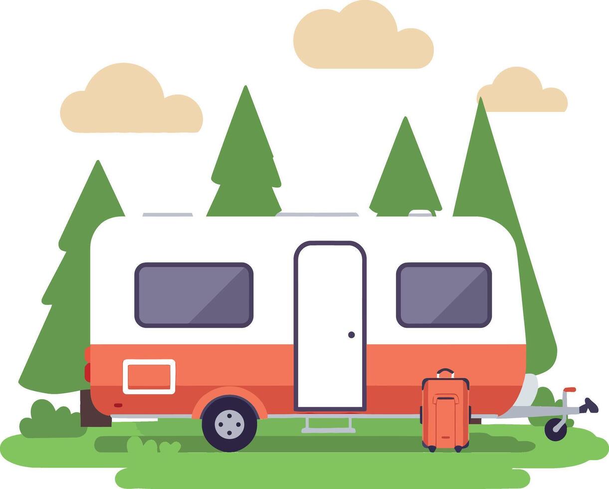 Vintage camper trailer in a forest setting with flat design style art vector