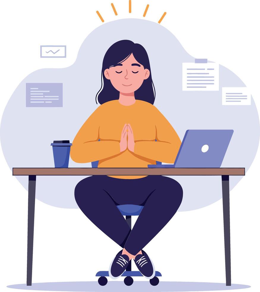Woman practicing mindfulness in a cozy workspace with a laptop and coffee cup in flat illustration vector
