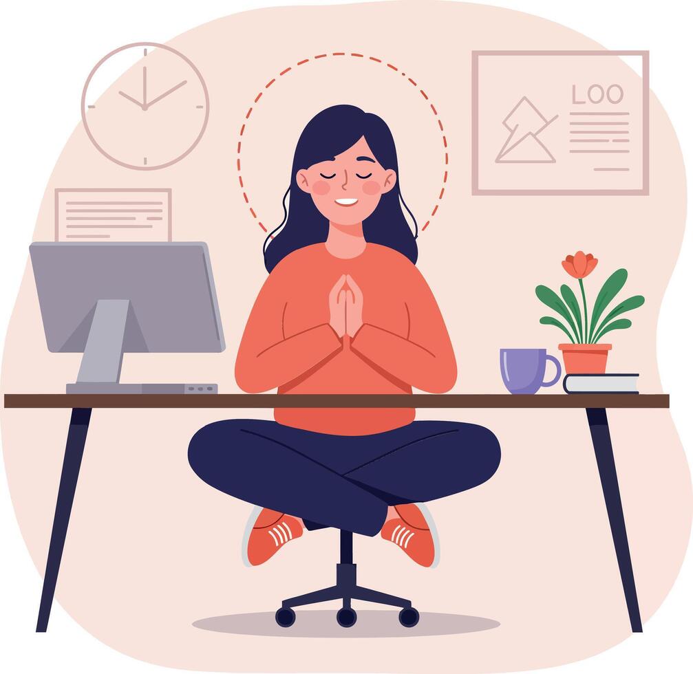 Meditating woman in a minimal workspace with plant and clock in flat art vector